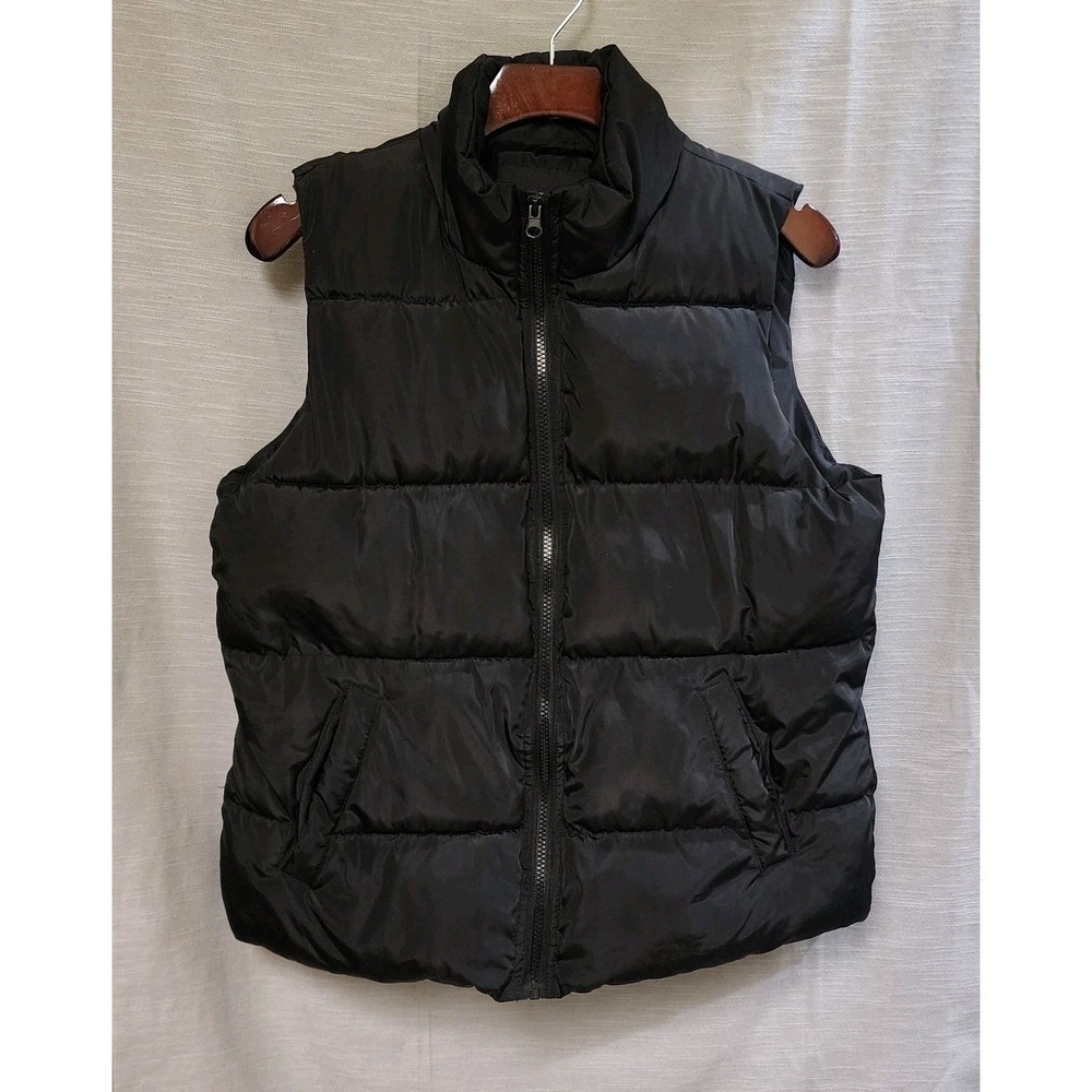 Women Sweet Look Quilted Puffer Black Vest 2 Slant Pockets Size Large